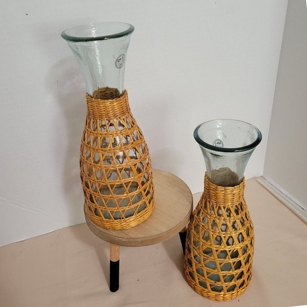 Amici Italy Set of 2 Hand Blown Recycled Glass‎ Vases Carafe Wicker Rattan Wrap